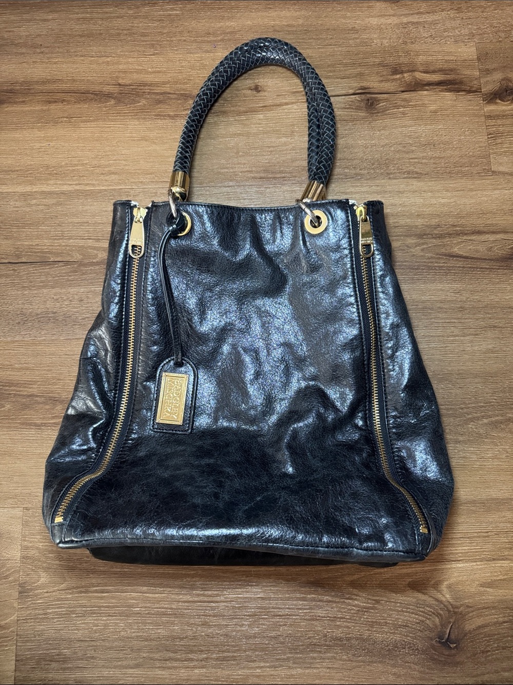 Badgley Mischka Black Leather Tote with Gold Hardware